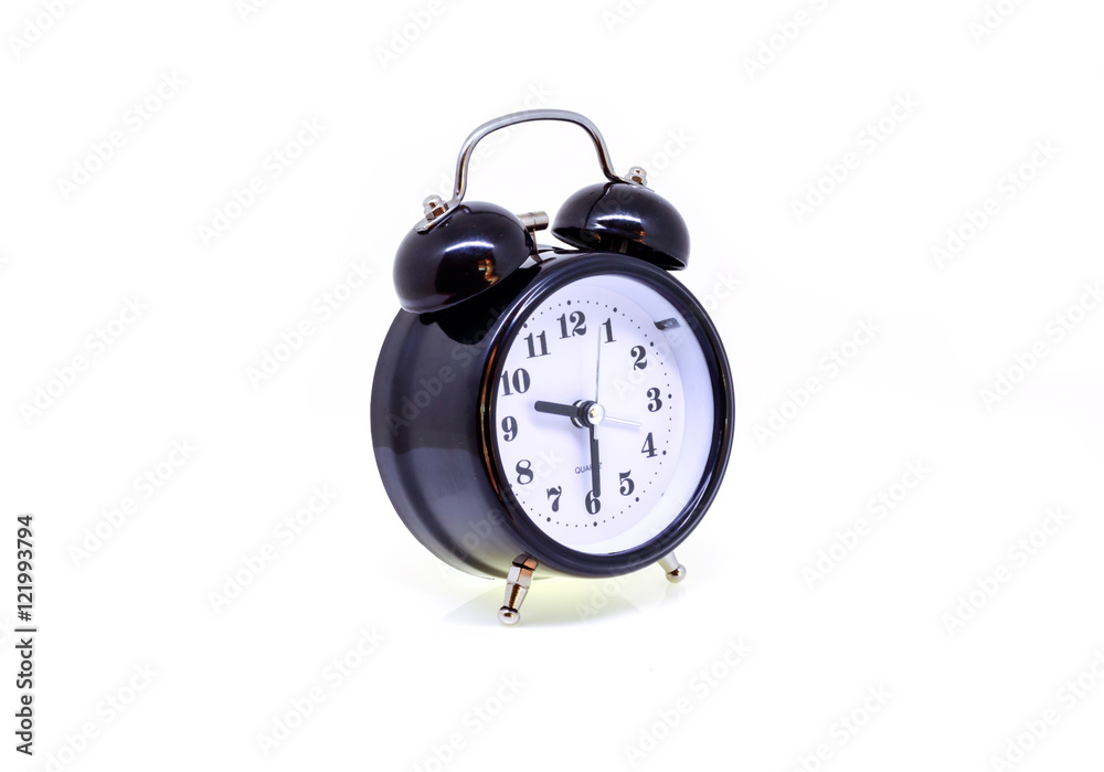 Black alarm clock isolated on white background.