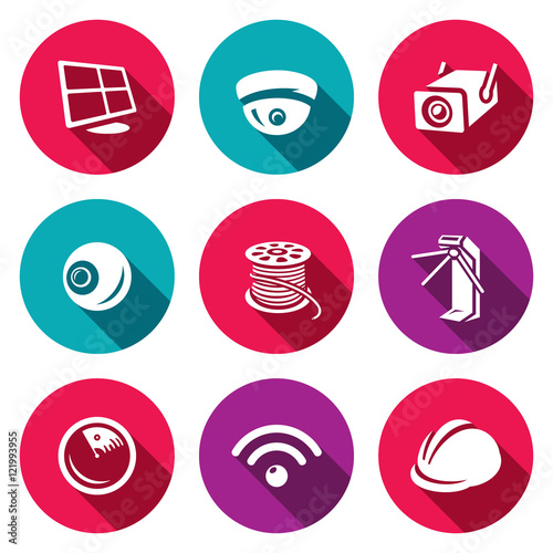 Vector Set of Security Installation Icons. Computer, Surveillance Camera, Outdoor, Eye, Tail, Turnstile, radar, radio, helmet