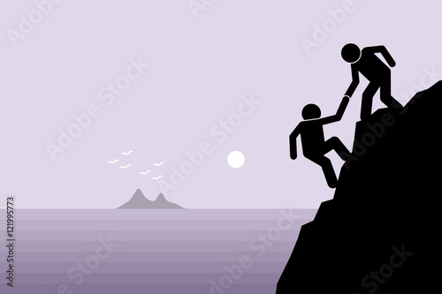 Hiker helping a friend climbing up on a rocky dangerous cliff at mountain by pulling him up with hand. Artwork depict friendship support, teamwork, partnership, faith, and trust.