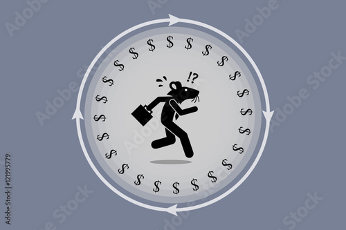 Rat race. Businessman mouse running on a wheel searching for money. He is trap, confuse, stress, and tired but still working very hard to earn a living.