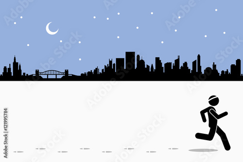 Runner runs while leaving footprints on the running field in city during night time. A cityscape at the back with moon and stars. Vector artwork depicts exercise, healthy lifestyle, and fitness.