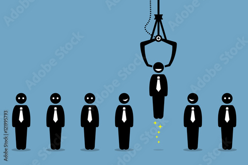 Job recruiting recruitment by employment company. Job searchers, employees, and office workers are being picked up or handpicked by a game claw. Candidate is happy being chosen by business employer.