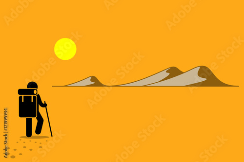 Person with backpack and stick walking in the desert under the hot sun searching for adventure. Sand hill and mountain. Vector depicts expedition, exploration, pilgrimage, and odyssey, and challenges.