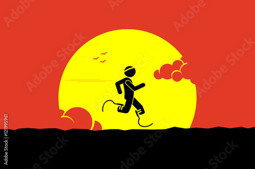 Handicap runner running with running blades or prosthetics leg with a big sun and cloud at the background. Vector artwork depicts a strong determined, disable sport man.