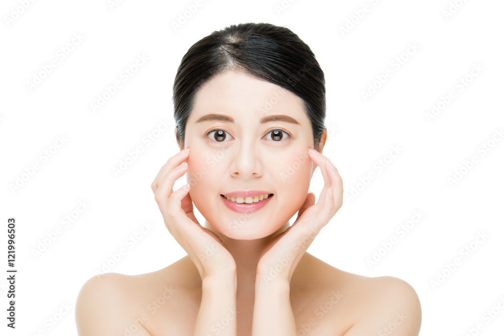 Beautiful woman touching her Face, looking at camera white Backg Beautiful woman touching her Face, looking at camera white Backg