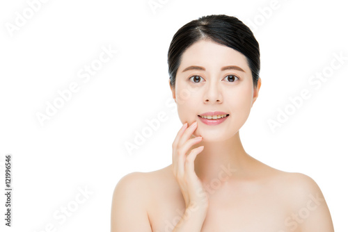 asian smile woman touch clean beautiful healthy face, white back