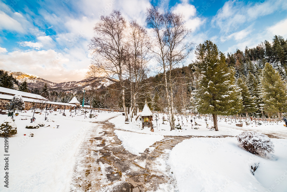 snowy mountain cemetery