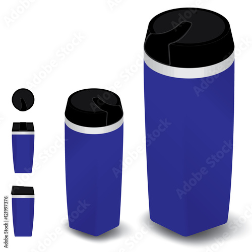 Thermos bottle set on white background. Blue Thermos bottle set.