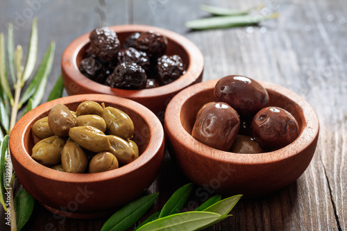 Variety of olives in bowls