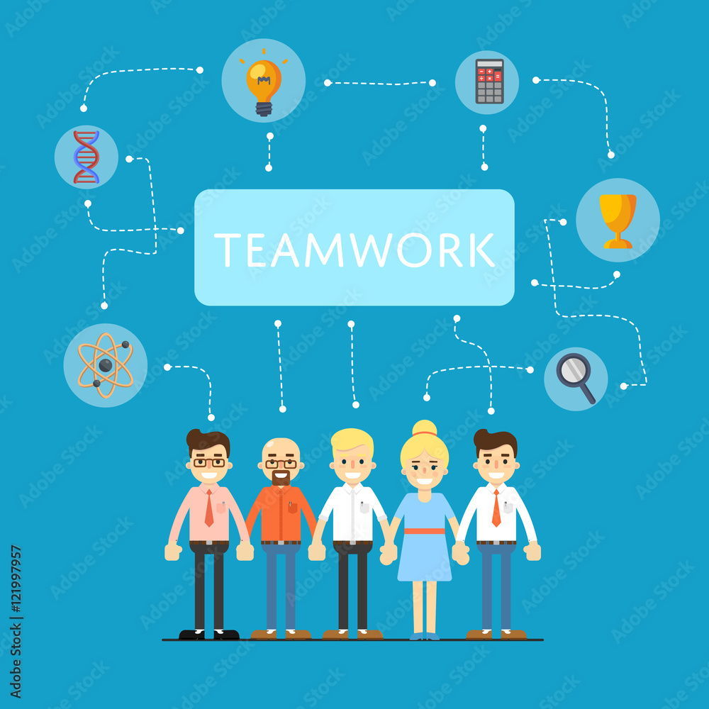 Social network and teamwork banner with group of communication people, vector illustration on blue background. Infographic design. Mind map team. Strategic partnership. Problem solving process Social network and teamwork banner with group of communication people, vector illustration on blue background. Infographic design. Mind map team. Strategic partnership. Problem solving process