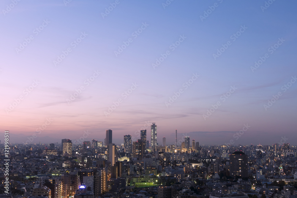 Fototapeta premium 東京都市風景 池袋高層ビル群と街並 夜景 夕景 トワイライト 黄昏