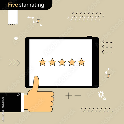 Five Star rating. Gesture of approval rating. Linear flat design