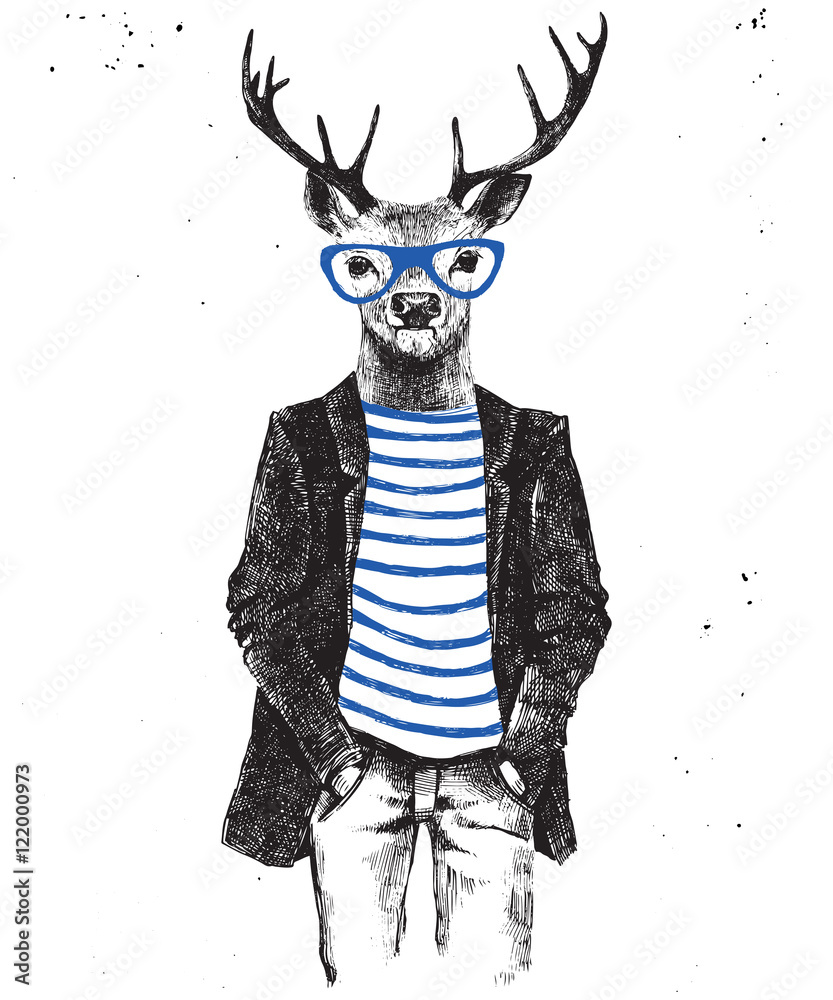 Fototapeta premium Hand drawn dressed up deer in hipster style