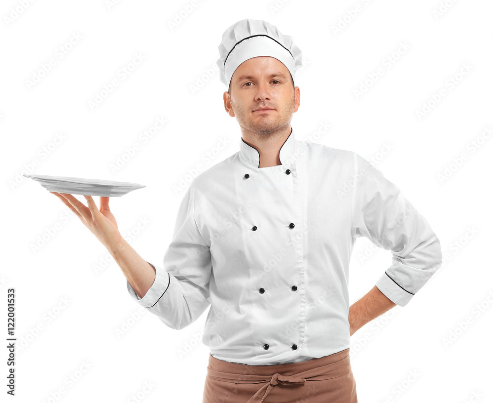 Young chef cook with empty plate isolated on white Young chef cook with empty plate isolated on white