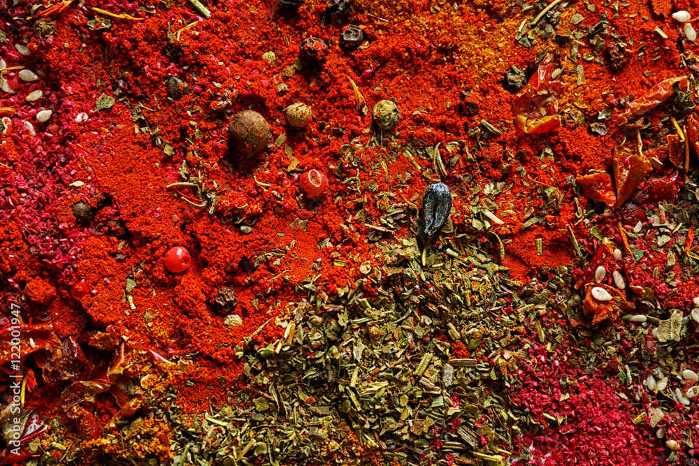 Mix of different flavored spices background