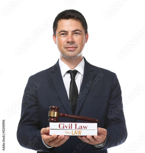 Man holding books and judge...