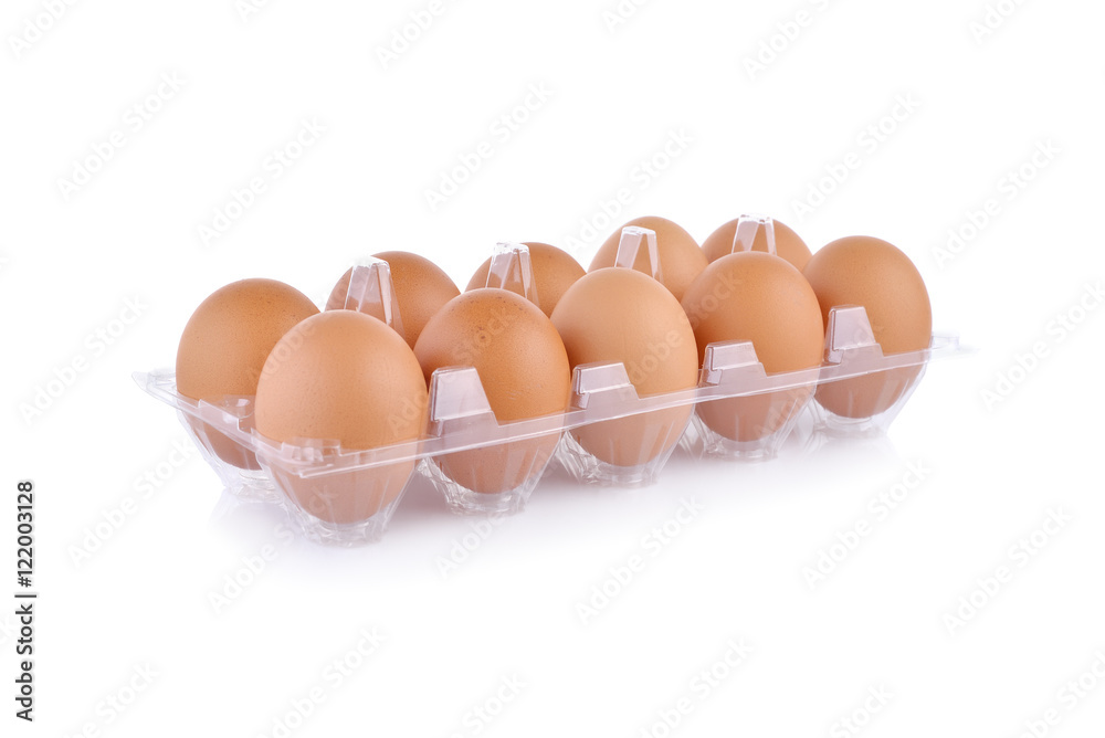 eggs in transparent tray package on white background eggs in transparent tray package on white background