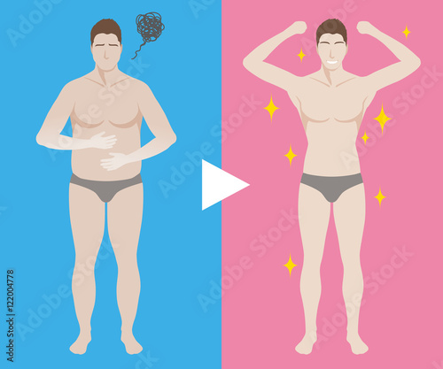 men's diet before after image, fat body to slim body