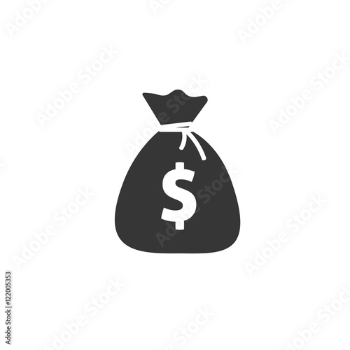 Money bag flat icon vector pictogram isolated, black and white sack with dollars, cartoon moneybag
