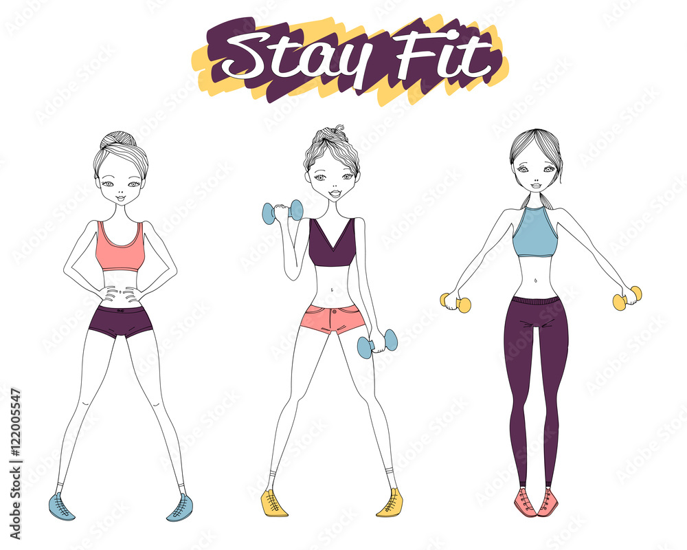 Sketch Stay Fit Vector People Set Illustration with Fitness Girls, Sportswear and Dumbbells. Isolated Sketch Vector Fitness Models Collections Sketch Stay Fit Vector People Set Illustration with Fitness Girls, Sportswear and Dumbbells. Isolated Sketch Vector Fitness Models Collections