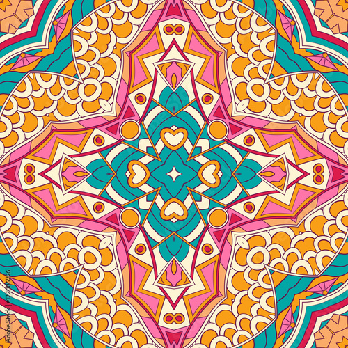 Tracery seamless calming pattern. Mehndi design. Ethnic colorful doodle texture. Curved doodling background. Vector.