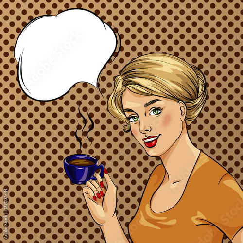 Beautiful woman drinks coffee vector illustration in retro comic pop art style.