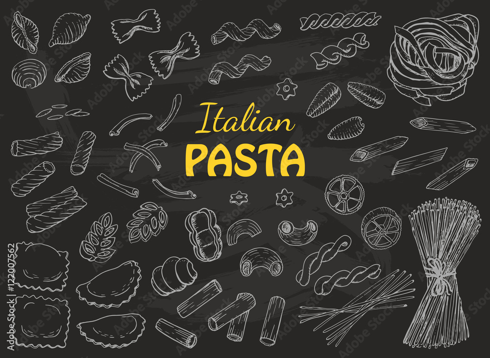 Set of Italian pasta on a black background