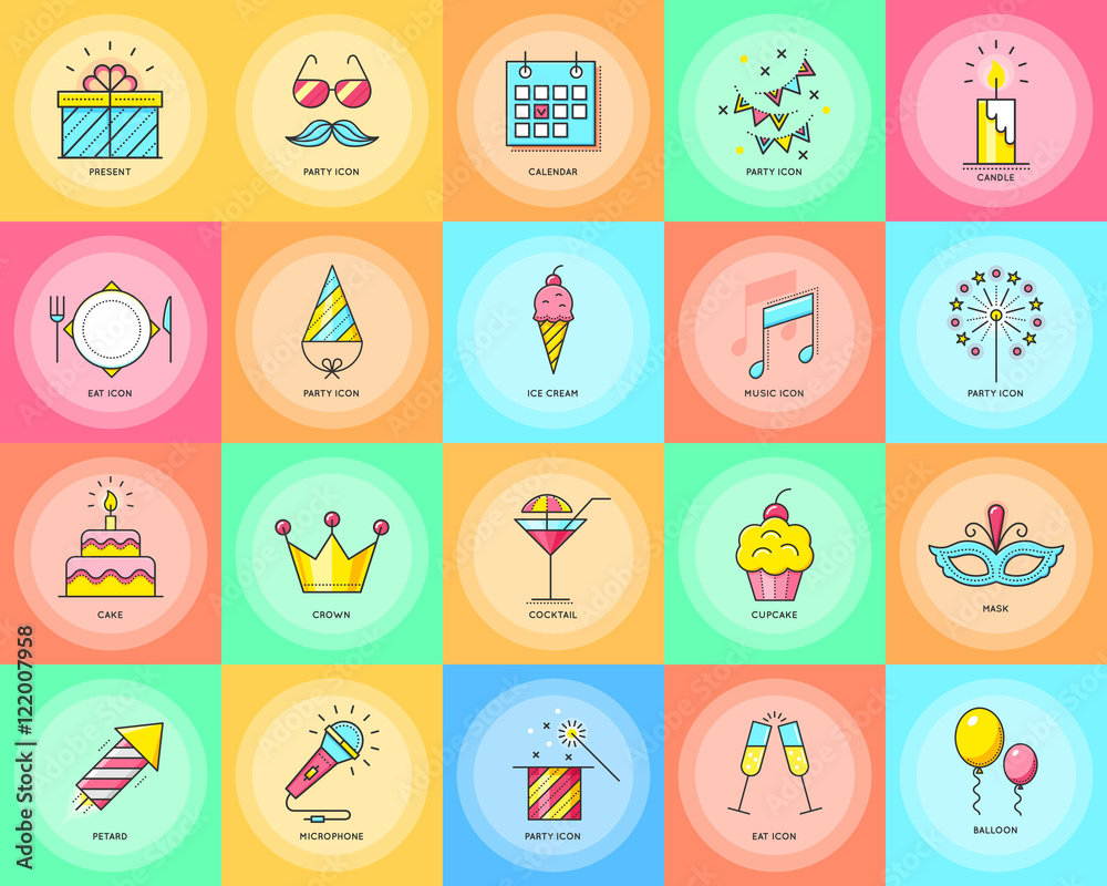 Party icons. Celebration vector illustration. Thin line icons for party