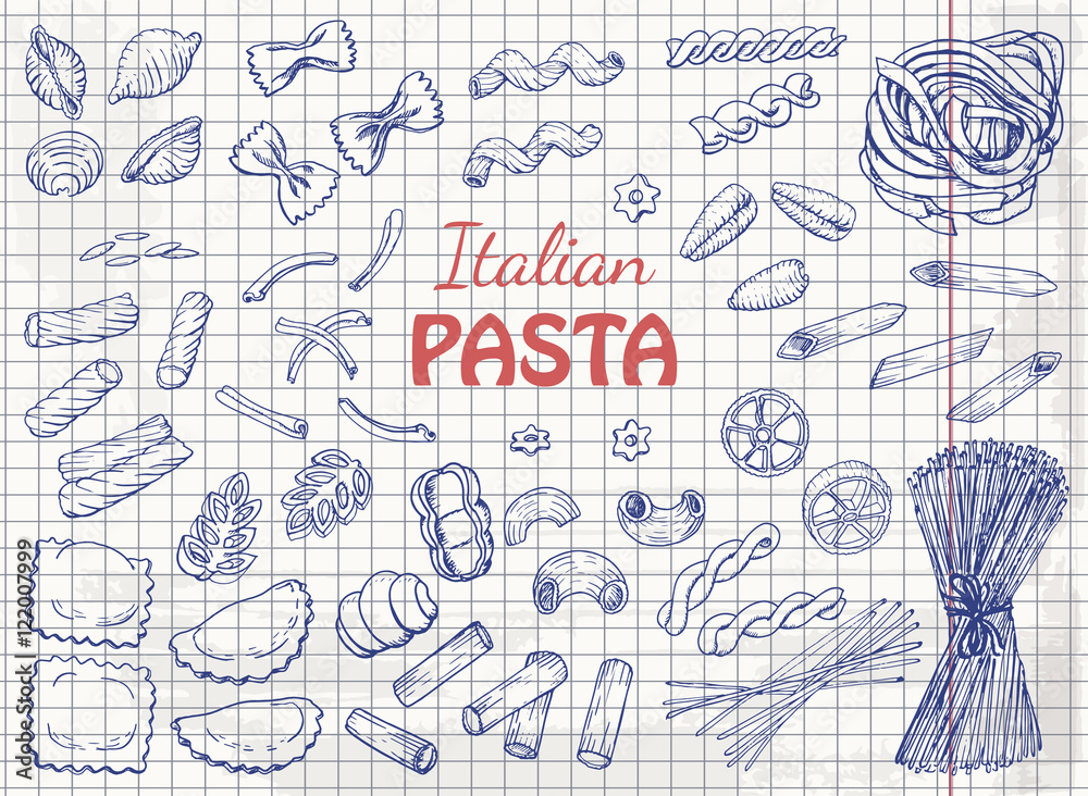 Set of Italian pasta on paper