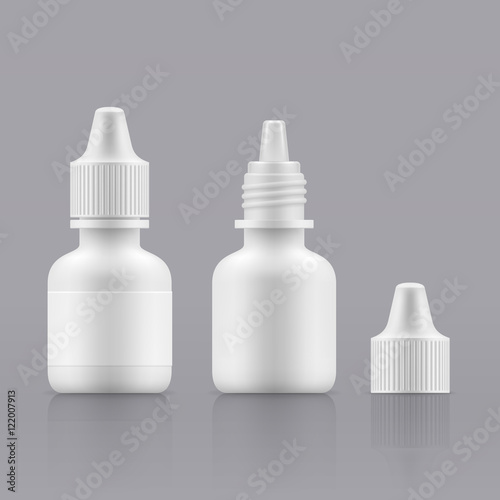 Vector nasal spray. Open and closed white plastic bottles. Container with medical drug for nose. Blank packing - vector isolated illustration