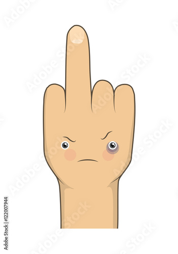 Vector cartoon middle finger with angry emotion face. Provocative gesture symbol expression rudeness. Vector illustration isolated on white backgroung.