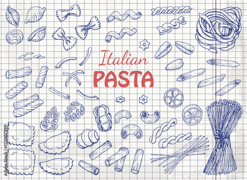 Set of Italian pasta on paper