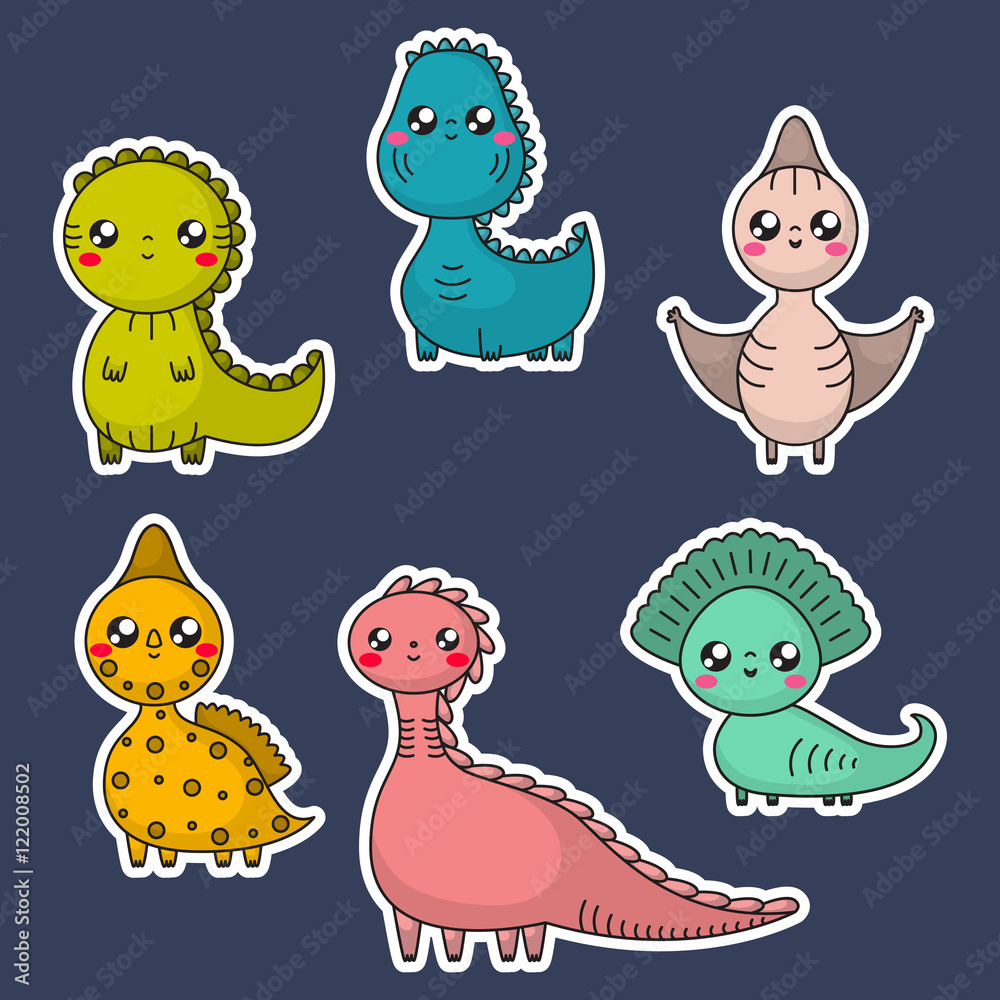 Naklejka premium Kawaii dinosaurs set. Cartoon characters. Vector illustration