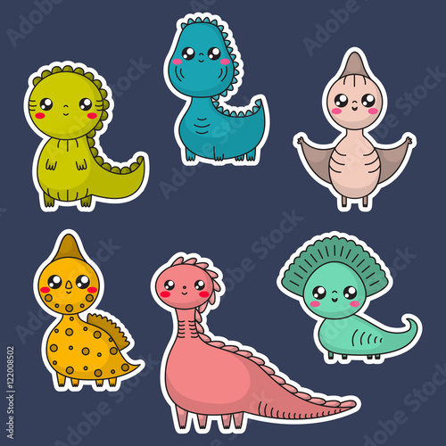 Kawaii dinosaurs set. Cartoon characters. Vector illustration
