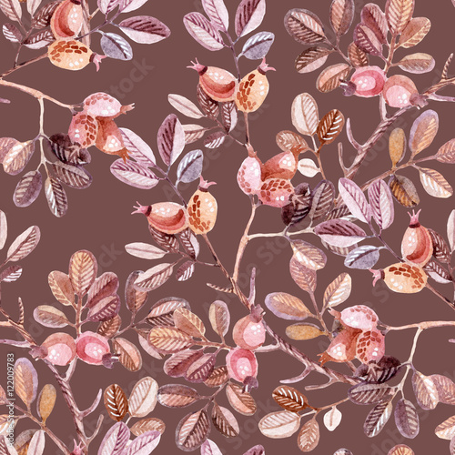 Watercolor seamless pattern with Dog Rose branches