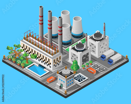 Nuclear power plant. Icon or infographic element. 3D isometric view. Vector illustration.
