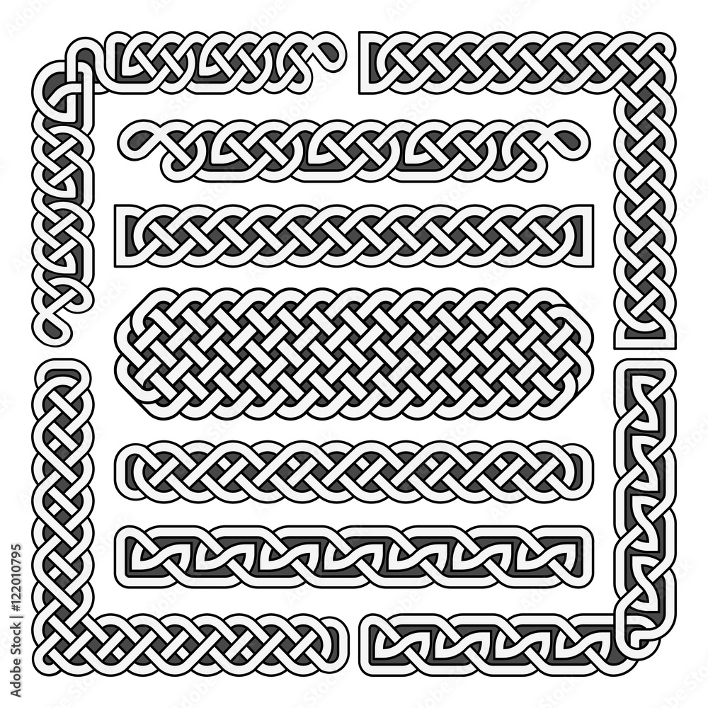 Celtic knots vector medieval seamless borders, patterns, and ornament corners. Pattern brushes set