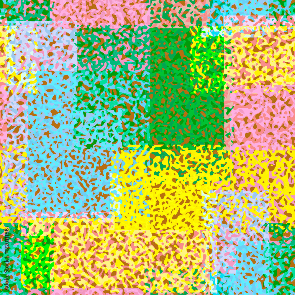 Fototapeta premium Abstract grunge seamless chaotic pattern with rectangular patches of blots. Trendy colorful texture background. Modern wallpaper. Fashionable print with a shabby paint effect.