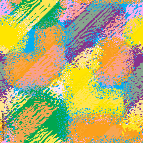 Abstract grunge seamless chaotic pattern with brushstrokes, blots, drops and splashes. Trendy colorful texture background. Modern wallpaper. Fashionable print with a shabby paint effect.