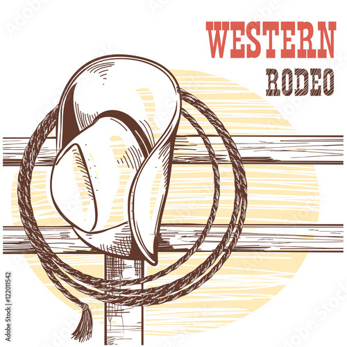 American West cowboy hat and lasso on wood fence.Rodeo illustrat