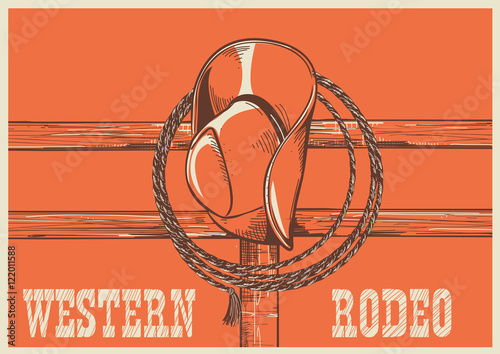 American West cowboy hat and lasso on wood fence.Vector illustra