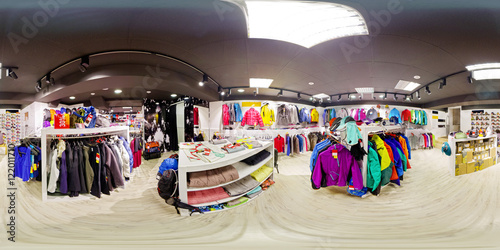 Spherical panorama of the interior of sportswear store 360 to 18