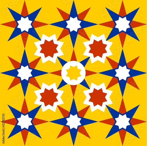Imitation tiles, Arabic and Oriental stained glass star with geometric shapes and polygons and colorful green yellow and golden