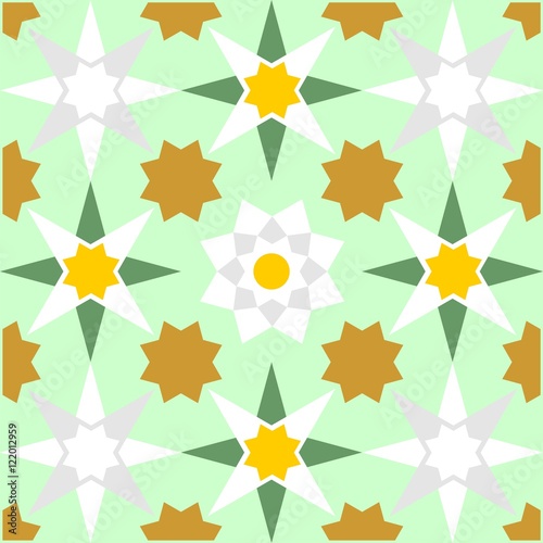 Imitation tiles, Arabic and Oriental stained glass star with geometric shapes and polygons and colorful green yellow and golden