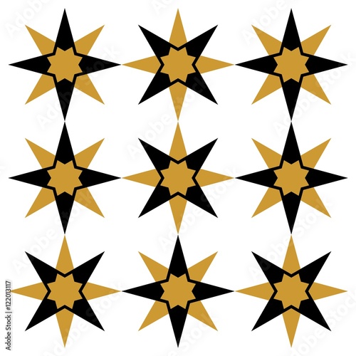 Imitation tiles, Arabic and Oriental stained glass star with geometric shapes and polygons and colorful green yellow and golden