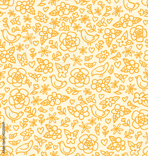 Little flowers and birds seamless pattern