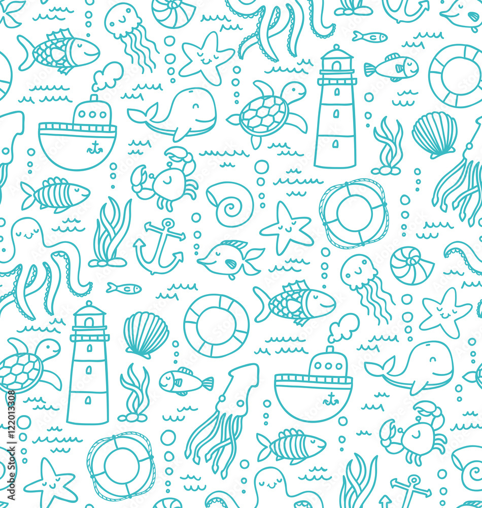 Seamless pattern with sea creatures doodles and nautical stuff