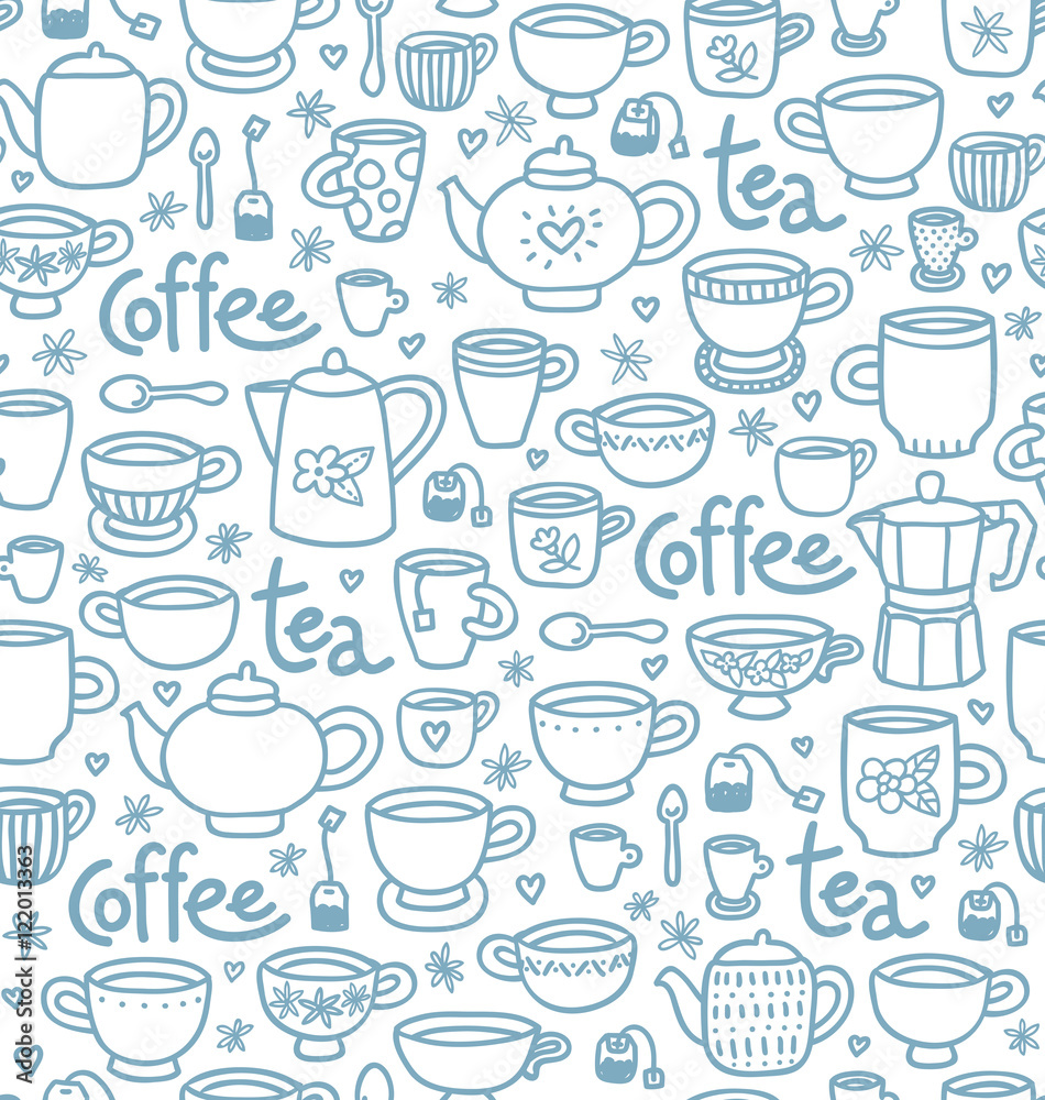 Seamless pattern with lots of cups and pots for with tea and coffee
