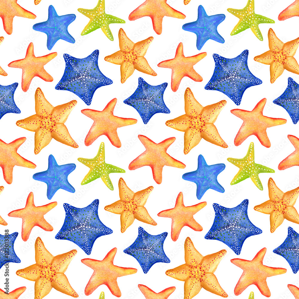 Seamless watercolor pattern with marine starfish. Can be used for fabric, wallpaper, background Seamless watercolor pattern with marine starfish. Can be used for fabric, wallpaper, background