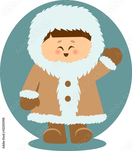 Eskimo Kid Waving Hello Isolated Illustration